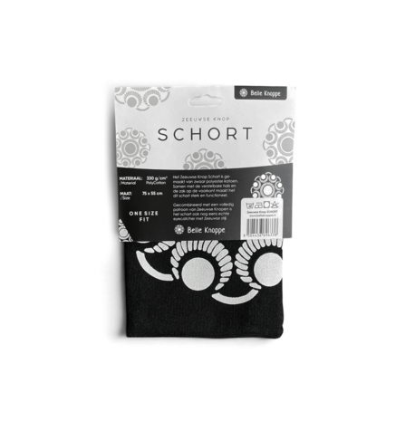 Achterkant verpakking Zeeuwse Knop Schort met materiaal, maat 75 x 55 cm en wasvoorschrift